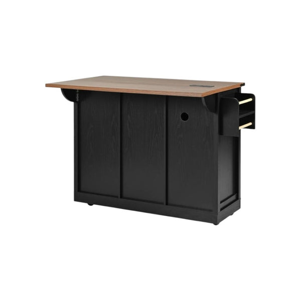 HomeRoots 54" Black Wood Barn Door Rolling Kitchen Island with USB - Expandable, Rustic Charm & Ample Storage 654015