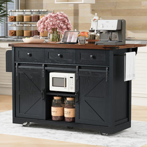 HomeRoots 54" Black Wood Barn Door Rolling Kitchen Island with USB - Expandable, Rustic Charm & Ample Storage 654015