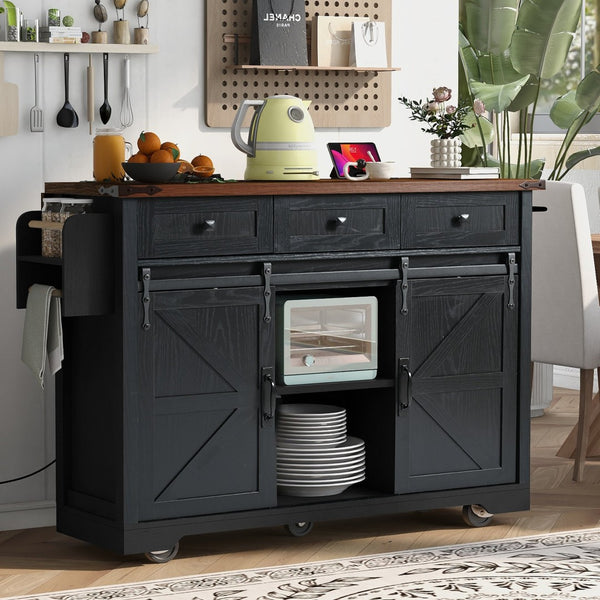 HomeRoots 54" Black Wood Barn Door Rolling Kitchen Island with USB - Expandable, Rustic Charm & Ample Storage 654015