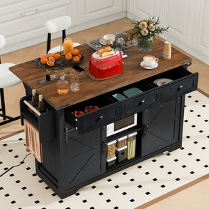 HomeRoots 54" Black Wood Barn Door Rolling Kitchen Island with USB - Expandable, Rustic Charm & Ample Storage 654015