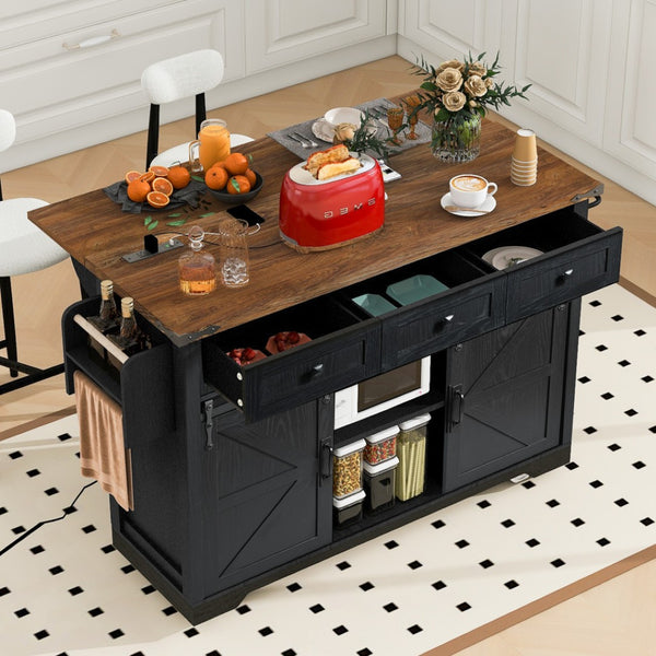 HomeRoots 54" Black Wood Barn Door Rolling Kitchen Island with USB - Expandable, Rustic Charm & Ample Storage 654015