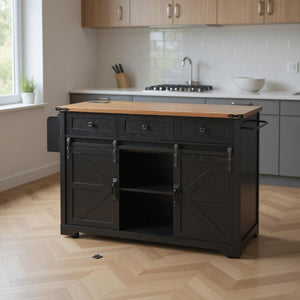 HomeRoots 54" Black Wood Barn Door Rolling Kitchen Island with USB - Expandable, Rustic Charm & Ample Storage 654015