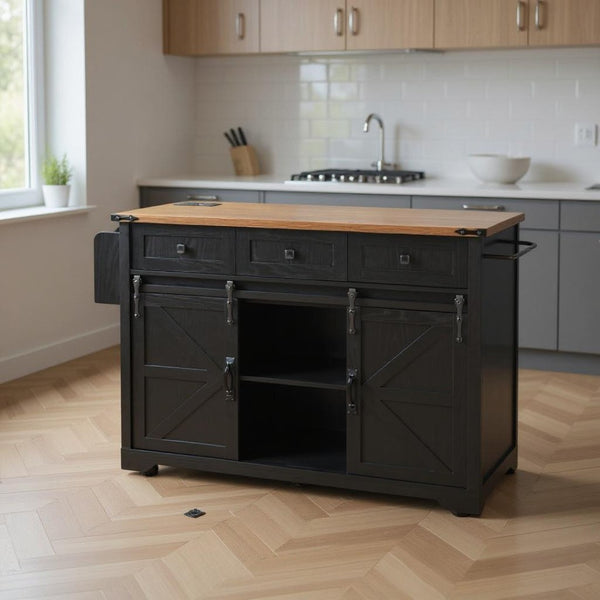 HomeRoots 54" Black Wood Barn Door Rolling Kitchen Island with USB - Expandable, Rustic Charm & Ample Storage 654015