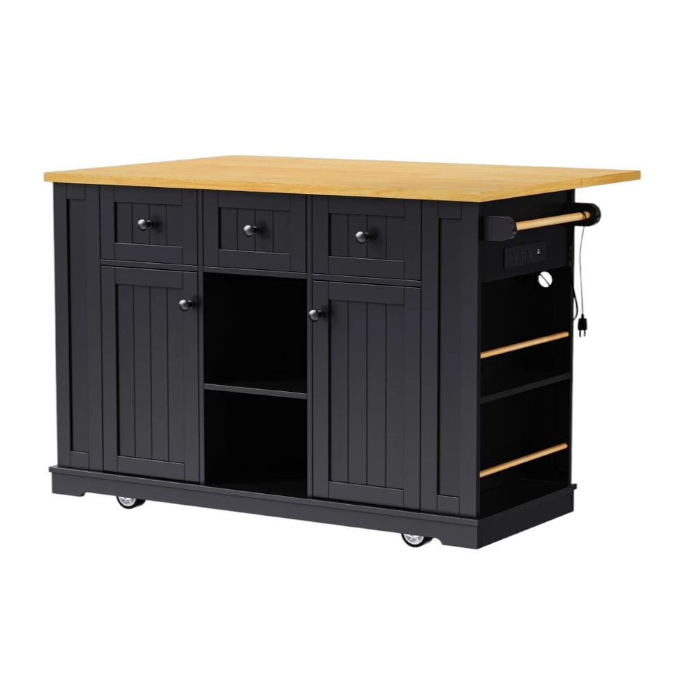 HomeRoots 53" Black Wood Barn Door Rolling Kitchen Island with USB Ports & Ample Storage for Modern Homes 654016