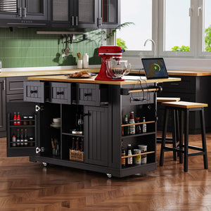 HomeRoots 53" Black Wood Barn Door Rolling Kitchen Island with USB Ports & Ample Storage for Modern Homes 654016