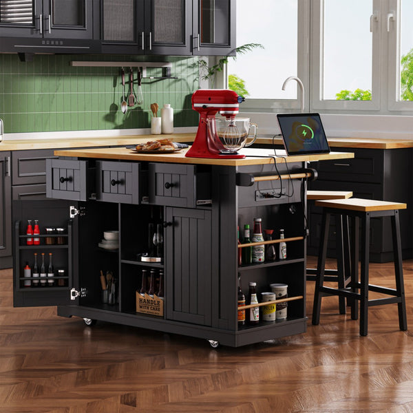 HomeRoots 53" Black Wood Barn Door Rolling Kitchen Island with USB Ports & Ample Storage for Modern Homes 654016