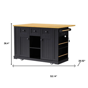 HomeRoots 53" Black Wood Barn Door Rolling Kitchen Island with USB Ports & Ample Storage for Modern Homes 654016