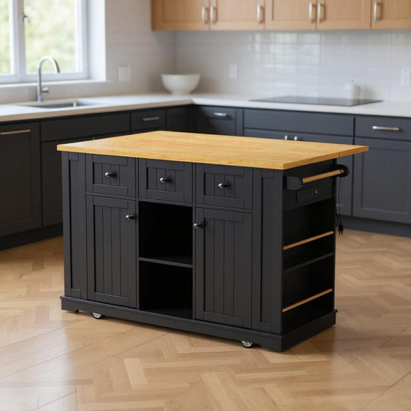 HomeRoots 53" Black Wood Barn Door Rolling Kitchen Island with USB Ports & Ample Storage for Modern Homes 654016