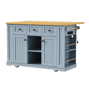 HomeRoots 53" Light Blue Barn Door Rolling Kitchen Island with USB Ports, Storage & Expandable Workspace 654017