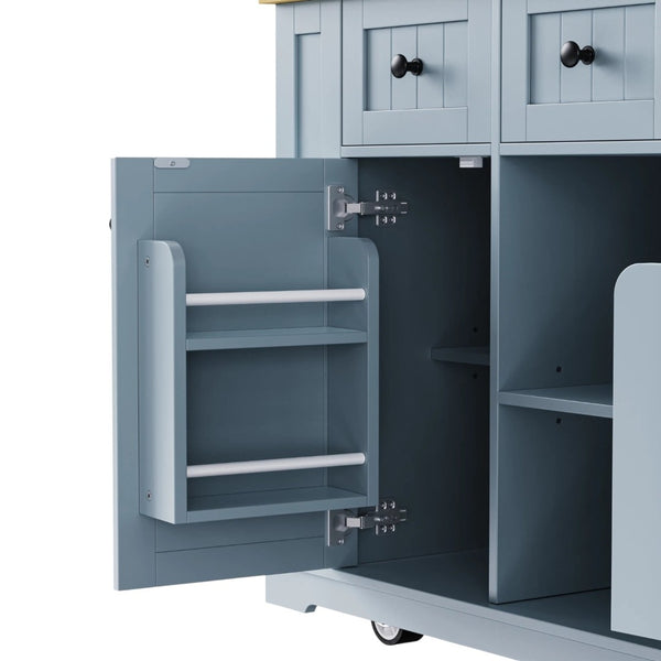 HomeRoots 53" Light Blue Barn Door Rolling Kitchen Island with USB Ports, Storage & Expandable Workspace 654017