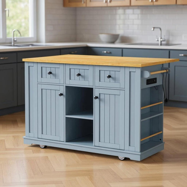 HomeRoots 53" Light Blue Barn Door Rolling Kitchen Island with USB Ports, Storage & Expandable Workspace 654017