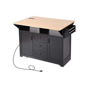 HomeRoots 56" Black Wood Barn Door Rolling Kitchen Island with Ample Storage & USB Charging for Modern Homes 654018