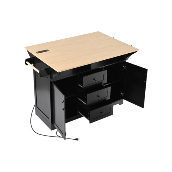 HomeRoots 56" Black Wood Barn Door Rolling Kitchen Island with Ample Storage & USB Charging for Modern Homes 654018
