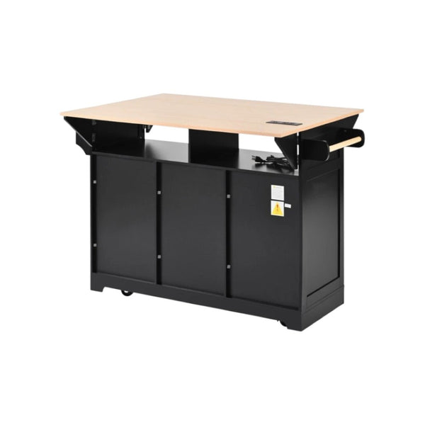 HomeRoots 56" Black Wood Barn Door Rolling Kitchen Island with Ample Storage & USB Charging for Modern Homes 654018
