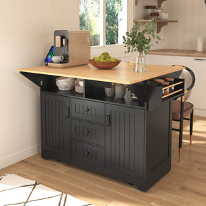 HomeRoots 56" Black Wood Barn Door Rolling Kitchen Island with Ample Storage & USB Charging for Modern Homes 654018
