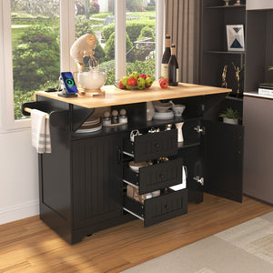 HomeRoots 56" Black Wood Barn Door Rolling Kitchen Island with Ample Storage & USB Charging for Modern Homes 654018