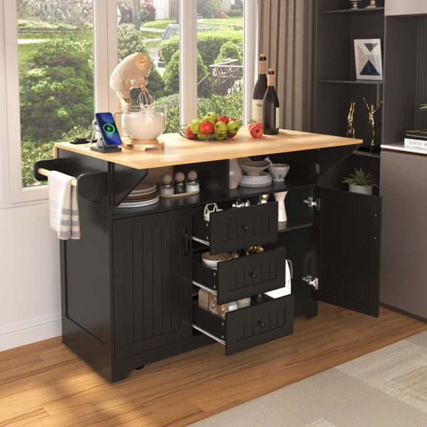 HomeRoots 56" Black Wood Barn Door Rolling Kitchen Island with Ample Storage & USB Charging for Modern Homes 654018