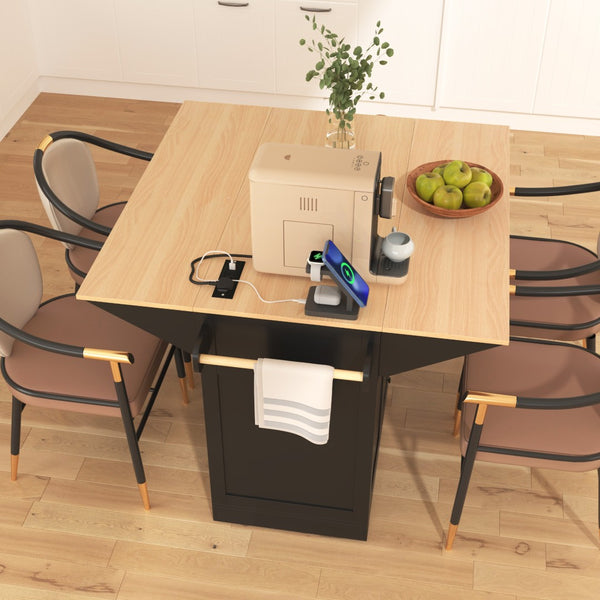 HomeRoots 56" Black Wood Barn Door Rolling Kitchen Island with Ample Storage & USB Charging for Modern Homes 654018