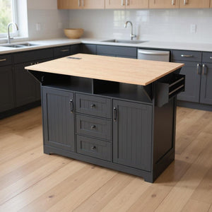 HomeRoots 56" Black Wood Barn Door Rolling Kitchen Island with Ample Storage & USB Charging for Modern Homes 654018