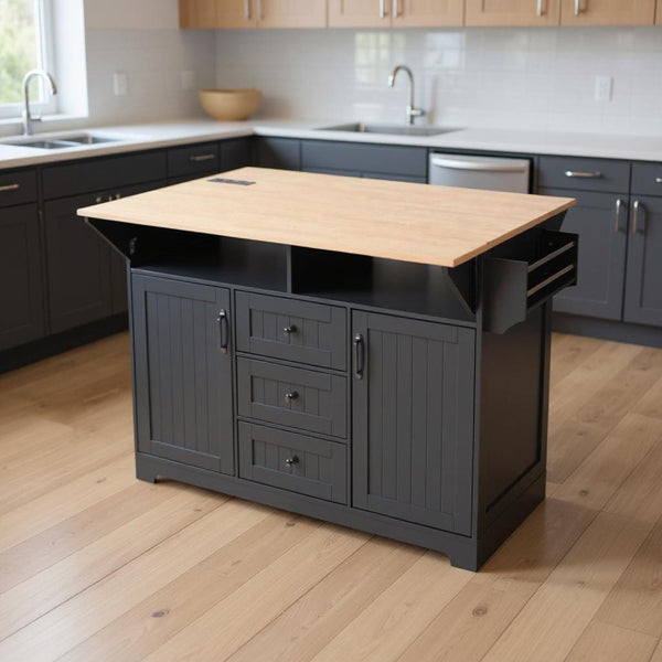 HomeRoots 56" Black Wood Barn Door Rolling Kitchen Island with Ample Storage & USB Charging for Modern Homes 654018