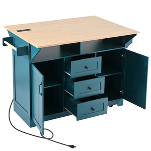 HomeRoots 56" Teal Blue Wood Barn Door Kitchen Island with USB Ports, Expandable Surface & Ample Storage Solutions 654019