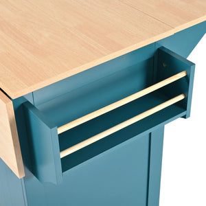 HomeRoots 56" Teal Blue Wood Barn Door Kitchen Island with USB Ports, Expandable Surface & Ample Storage Solutions 654019