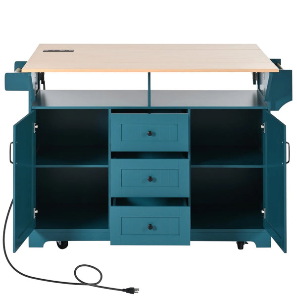 HomeRoots 56" Teal Blue Wood Barn Door Kitchen Island with USB Ports, Expandable Surface & Ample Storage Solutions 654019