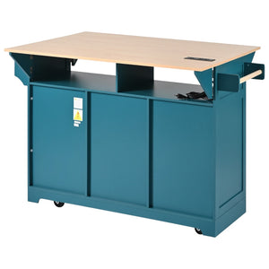 HomeRoots 56" Teal Blue Wood Barn Door Kitchen Island with USB Ports, Expandable Surface & Ample Storage Solutions 654019