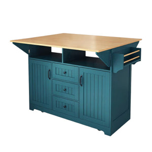 HomeRoots 56" Teal Blue Wood Barn Door Kitchen Island with USB Ports, Expandable Surface & Ample Storage Solutions 654019