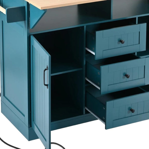 HomeRoots 56" Teal Blue Wood Barn Door Kitchen Island with USB Ports, Expandable Surface & Ample Storage Solutions 654019