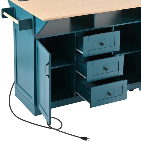 HomeRoots 56" Teal Blue Wood Barn Door Kitchen Island with USB Ports, Expandable Surface & Ample Storage Solutions 654019
