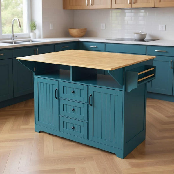 HomeRoots 56" Teal Blue Wood Barn Door Kitchen Island with USB Ports, Expandable Surface & Ample Storage Solutions 654019