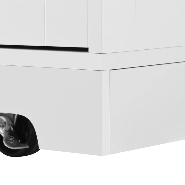 HomeRoots 56" White Wood Barn Door Rolling Kitchen Island with USB, Drop Leaf, Ample Storage & Rustic Charm 654020