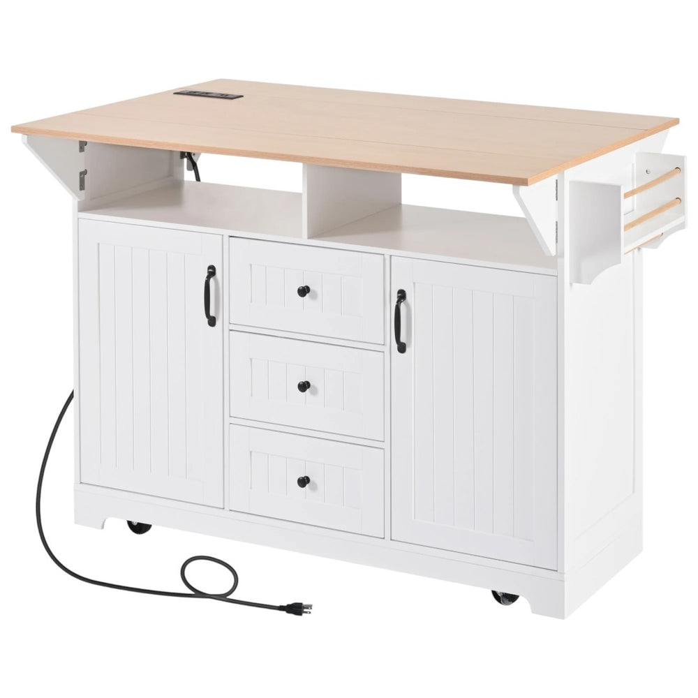 HomeRoots 56" White Wood Barn Door Rolling Kitchen Island with USB, Drop Leaf, Ample Storage & Rustic Charm 654020