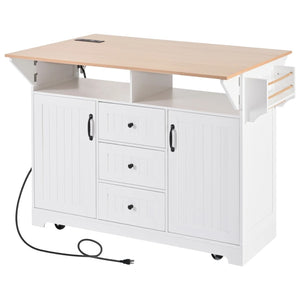 HomeRoots 56" White Wood Barn Door Rolling Kitchen Island with USB, Drop Leaf, Ample Storage & Rustic Charm 654020