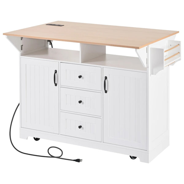 HomeRoots 56" White Wood Barn Door Rolling Kitchen Island with USB, Drop Leaf, Ample Storage & Rustic Charm 654020