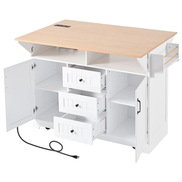 HomeRoots 56" White Wood Barn Door Rolling Kitchen Island with USB, Drop Leaf, Ample Storage & Rustic Charm 654020