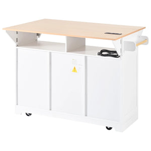 HomeRoots 56" White Wood Barn Door Rolling Kitchen Island with USB, Drop Leaf, Ample Storage & Rustic Charm 654020
