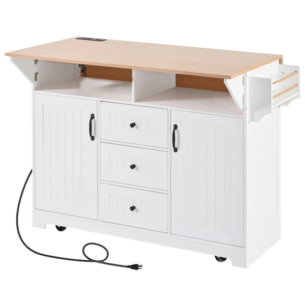 HomeRoots 56" White Wood Barn Door Rolling Kitchen Island with USB, Drop Leaf, Ample Storage & Rustic Charm 654020