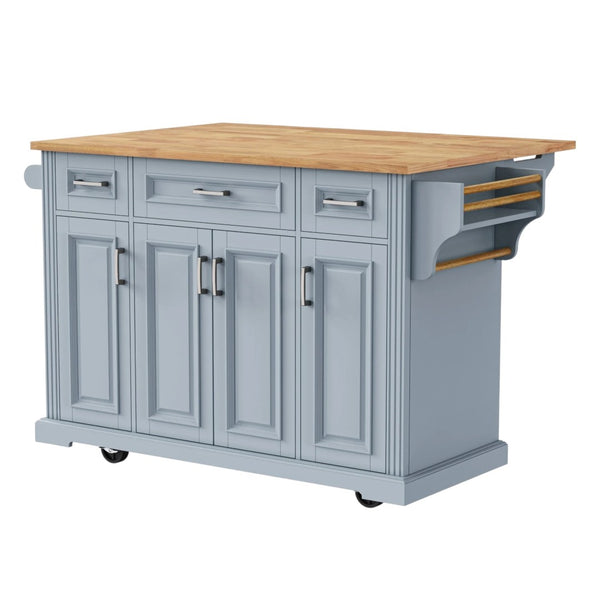 HomeRoots 54" Light Blue Rolling Kitchen Island with Barn Door, Expandable Table, and Ample Storage Solutions 654021