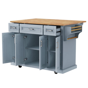 HomeRoots 54" Light Blue Rolling Kitchen Island with Barn Door, Expandable Table, and Ample Storage Solutions 654021