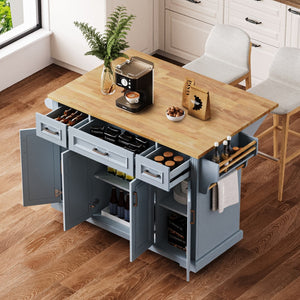 HomeRoots 54" Light Blue Rolling Kitchen Island with Barn Door, Expandable Table, and Ample Storage Solutions 654021