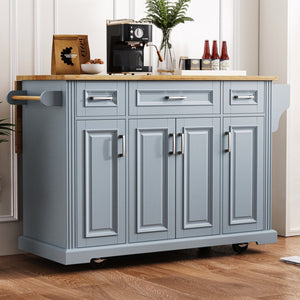 HomeRoots 54" Light Blue Rolling Kitchen Island with Barn Door, Expandable Table, and Ample Storage Solutions 654021