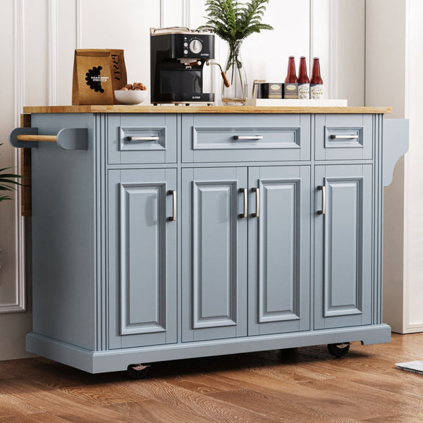 HomeRoots 54" Light Blue Rolling Kitchen Island with Barn Door, Expandable Table, and Ample Storage Solutions 654021