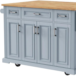 HomeRoots 54" Light Blue Rolling Kitchen Island with Barn Door, Expandable Table, and Ample Storage Solutions 654021
