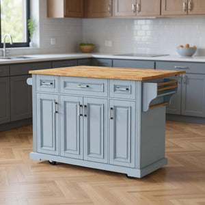 HomeRoots 54" Light Blue Rolling Kitchen Island with Barn Door, Expandable Table, and Ample Storage Solutions 654021