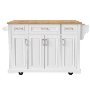 HomeRoots 54" White Wood Rolling Kitchen Island with Barn Door, Storage, and Expandable Drop Leaf Design 654022