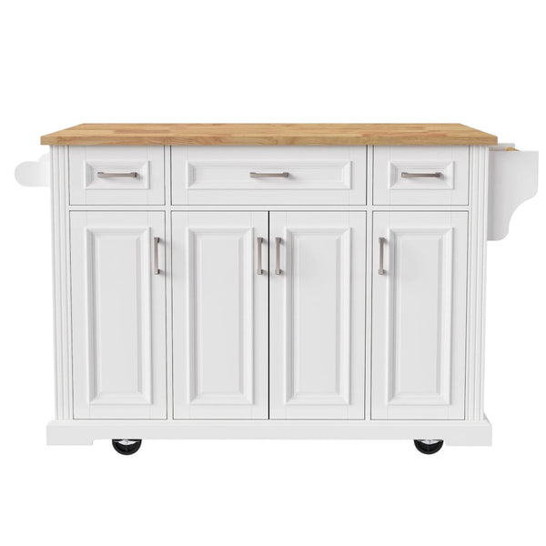 HomeRoots 54" White Wood Rolling Kitchen Island with Barn Door, Storage, and Expandable Drop Leaf Design 654022