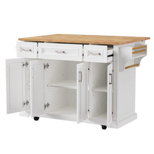 HomeRoots 54" White Wood Rolling Kitchen Island with Barn Door, Storage, and Expandable Drop Leaf Design 654022