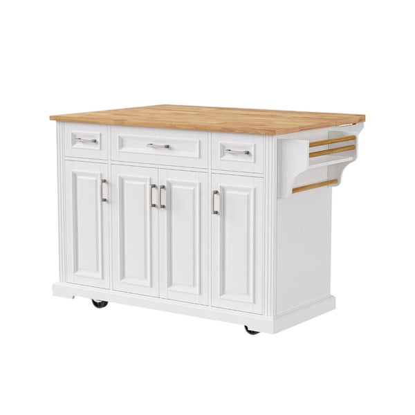 HomeRoots 54" White Wood Rolling Kitchen Island with Barn Door, Storage, and Expandable Drop Leaf Design 654022